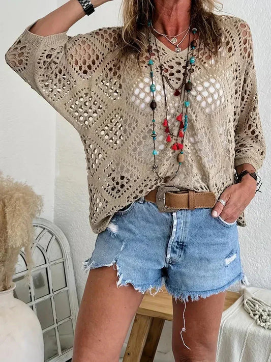 ⏰ Laatste dag aanbieding 50% korting 🔥 Hot Sale - Dames top in bohemian stijl met beige gehaakte details en V-hals