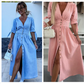 ✨Nieuw voor de lente! 👗Dames denimjurk met V-hals en knoopjes