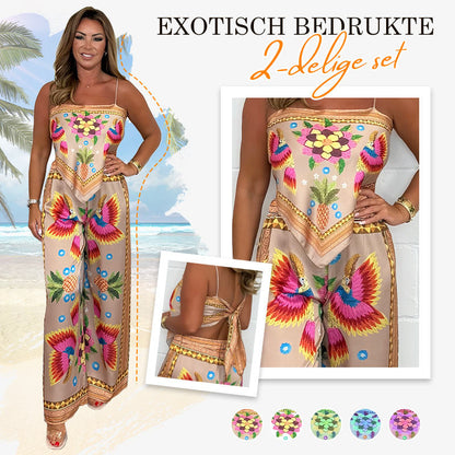 🔥Nieuw binnen - 50% korting💝Dames set: Exotische top met spaghettibandjes en print & losse broek (2-delig)