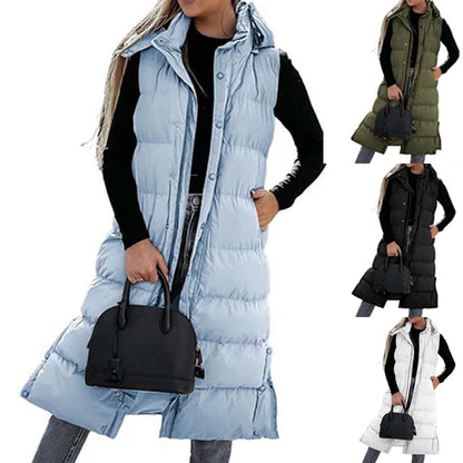 ❄️ Dames Lange Donsvest – Afneembare Kap, Rits & Knopen – Warme Elegantie Voor Ieder Seizoen!