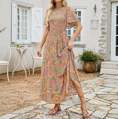 ⏰Aanbieding: 49% korting👗Casual damesjurk met bloemenprint, korte mouwen, ruches, hoge taille en zwierige pasvorm