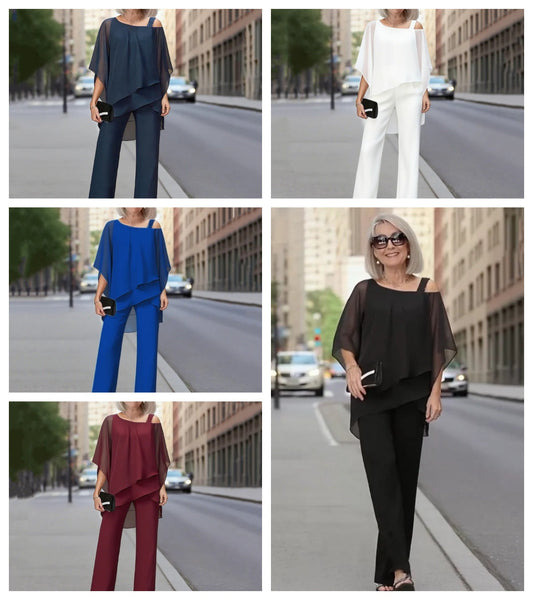 💎 50% KORTING – TIJDELIJKE ACTIE! 💎 2-Delige set voor dames: Asymmetrische chiffon top & broek met wijde pijpen – Soepelvallend, elegant & moeiteloos chic 👚👖