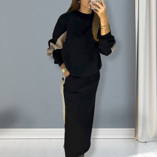 ✨Nieuw binnen✨Set van losse, kleurgeblokte top met lange mouwen en splitrok