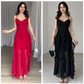 Elegante maxi-jurk met spaghettibandjes en ruches voor dames met lagen