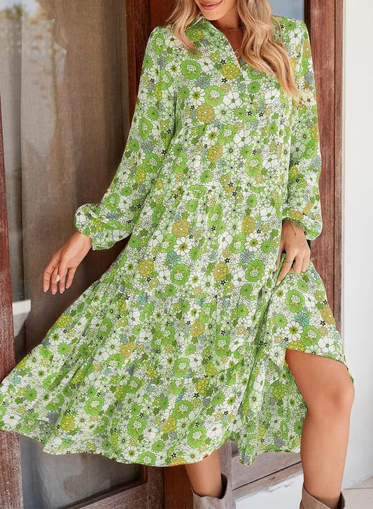 🌸Lentespecials - 50% korting💐 Dames Bohemian Midi-jurk met lange mouwen en V-hals
