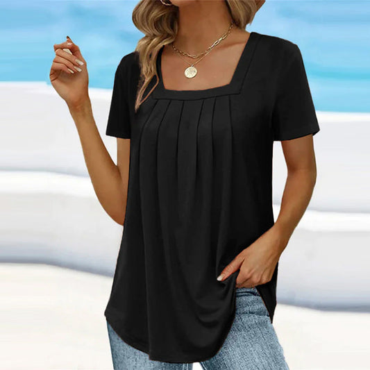 💖Zomerspecial - 49% korting💖Vierkant Hals Effen Kort Mouw T-shirt - Chique & Elegante Stijl
