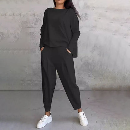 👗Conjunto de 2 Piezas de Talla Grande para Mujer | Top de Cuello Redondo + Pantalón Holgado + Cómodo para Uso Diario✨