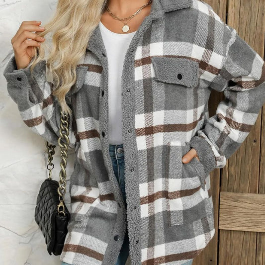 Casual Sherpa Plaid-jas met lange mouwen en knoopsluiting voor dames