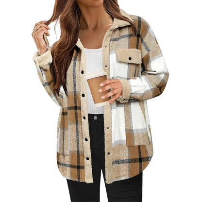 Casual Sherpa Plaid-jas met lange mouwen en knoopsluiting voor dames