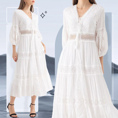 Boho V-hals witte midi-jurk