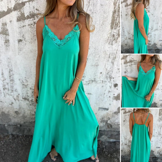 🎉Laatste dag voor kortingen van beperkte duur🎉Elegante Kant Maxi Jurk met V-hals en Spaghetti Bandjes voor Vrouwen
