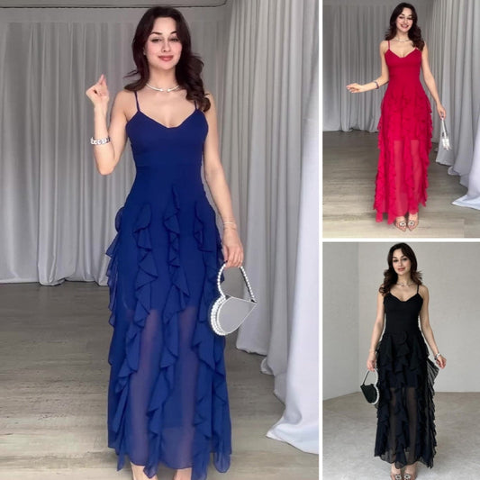 Elegante maxi-jurk met spaghettibandjes en ruches voor dames met lagen