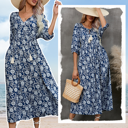 💖Hot sale--49% korting👕Elegante damesjurk met bloemenprint en lange V-hals
