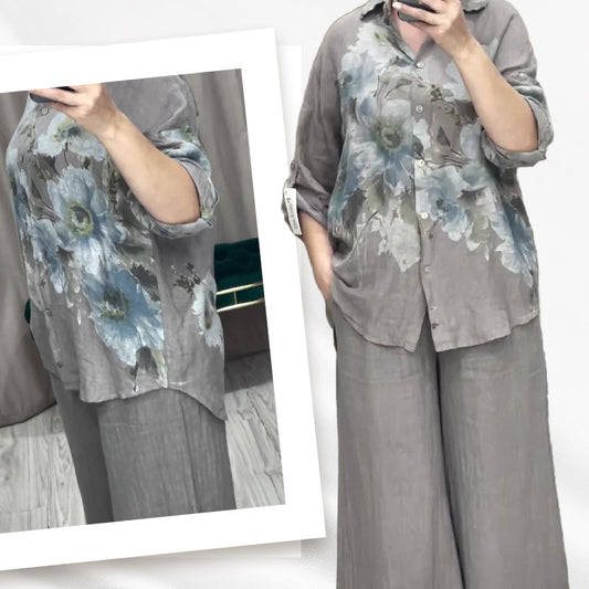 ☀️ Zomerse Special –49% Korting! 🌴Elegante set van blouse en broek met bloemenprint en wijde pijpen voor dames