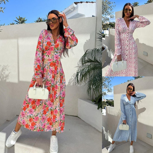 💕Beperkte uitverkoop 50% UIT💕Mode V-hals knoopjurken lange mouwen bloemen taille jurken