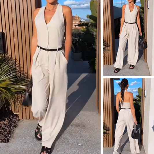 🩷Dames halternek jumpsuit met diepe V-hals en wijde pijpen🌸
