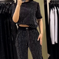 🌸2025 Hot Sale👠Dames fonkelende strass gestreepte tweedelige set