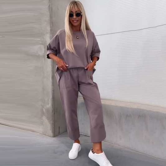 Casual Solid Korte Mouw Tops voor Vrouwen ＆ Broek Tweedelige Set