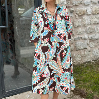 🌸Zomer Hot Sale 50%KORTING🌸Kleurrijke jurk met 3/4-mouwen en vintage bloemenprint en zakken