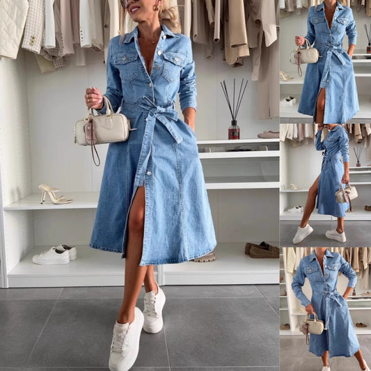 🔥2025 Hot Sale🔥Vrouwen Overhemdkraag Lange Mouw Jurk