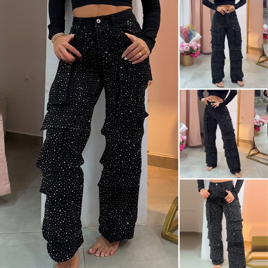 💥2025 Hot Sale💥Dames broek met strass-steentjes en wijde pijpen met zakken