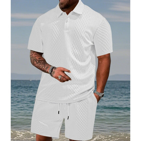 🔥Hot Sale 50% Korting💥Heren tweedelig pak met diamantstructuur: Korte mouwen overhemd met kraag & shorts met trekkoord