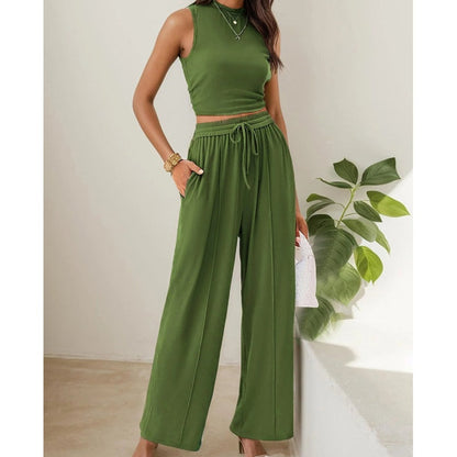 🌸2025 Hot Sale 50% korting💖 2-delige set met effen cropped tanktop en wijde broek met trekkoord voor dames