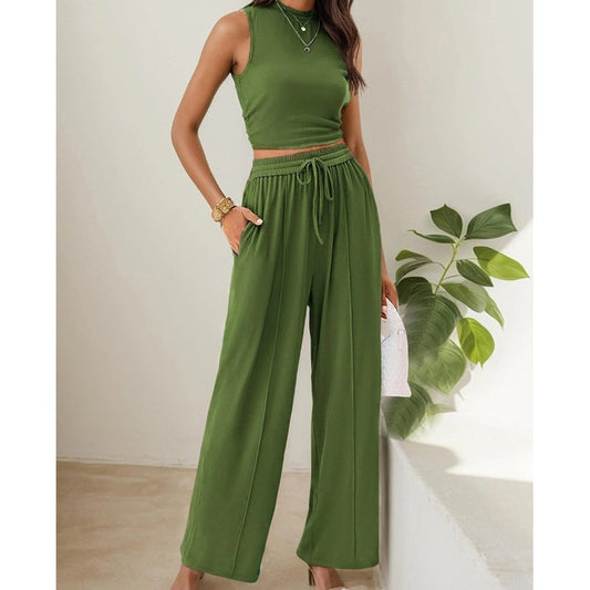 🌸2025 Hot Sale 50% korting💖 2-delige set met effen cropped tanktop en wijde broek met trekkoord voor dames