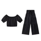 💥Vrouwen 2-delige Set: Off-shoulder Top met Pofmouwen en Wijd-pijpen Broek