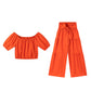 💥Vrouwen 2-delige Set: Off-shoulder Top met Pofmouwen en Wijd-pijpen Broek