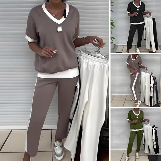💜 ÚLTIMO DÍA DE PROMOCIÓN - 50% DE DESCUENTO 💜 Conjunto de blusa casual de cuello en V y pantalones para mujer