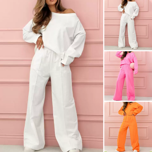 🔥Gratis verzending🔥  Modieuze en minimalistische ronde nek Top en breedbeenbroek 2-delige set