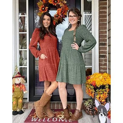 🍂Herfst 2025 Nieuwe stijl 50% KORTING⏰Damesjurk met vierkante halslijn, lantaarnmouwen en ribstof