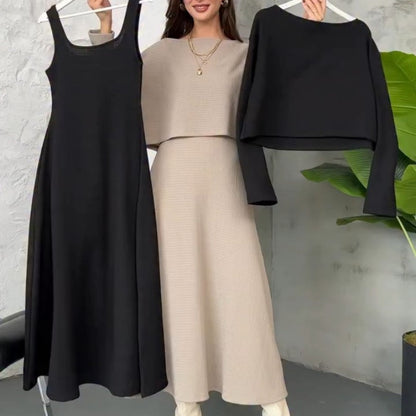 Tweedelige gebreide outfits voor dames: tanktop, midi-jurk en crop top🚛Gratis verzending