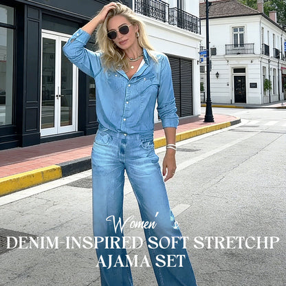 🎉Nieuwjaars Cadeau 50% KORTING!👖Dames 2-delige Faux Denim Pyjama (Stijlvol & Comfortabel) – Kan Buiten Gedragen: Relax & Lounge in Trend!
