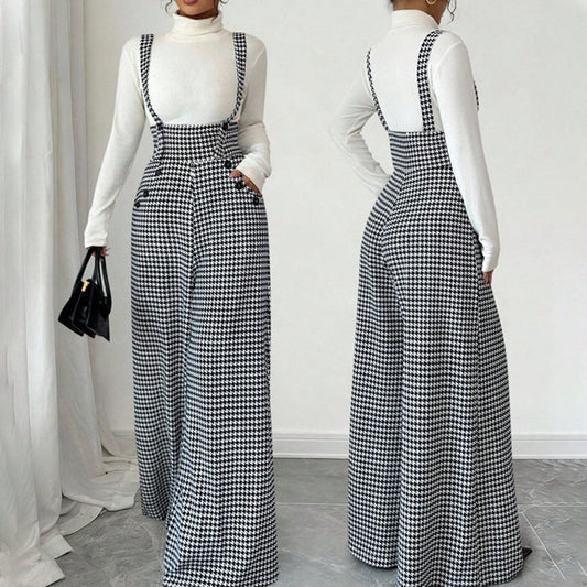 📢📢 50% KORTING!! ⏰ Broek met hoge taille en pied-de-pouleprint en bretels – wijde pijpen, vintage elegantie en een langwerpig silhouet 🎀👖