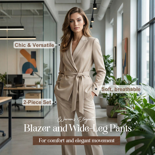 ⏳Tijdelijk 50% korting⏰ Elegant damespak bestaande uit een blazer met strikceintuur en een wijde broek 👔👖