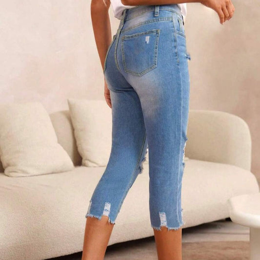 ✨ NU 50% KORTING! 👖 Damesjeans met scheuren, gewassen look en rafelige zoom – stoer, cropped en cool! 🧵