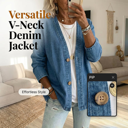 📢📢 50% KORTING !! ⏰ Klassiek denim jack voor dames met knoopsluiting – V-hals, ademende stof en relaxte pasvorm 💙