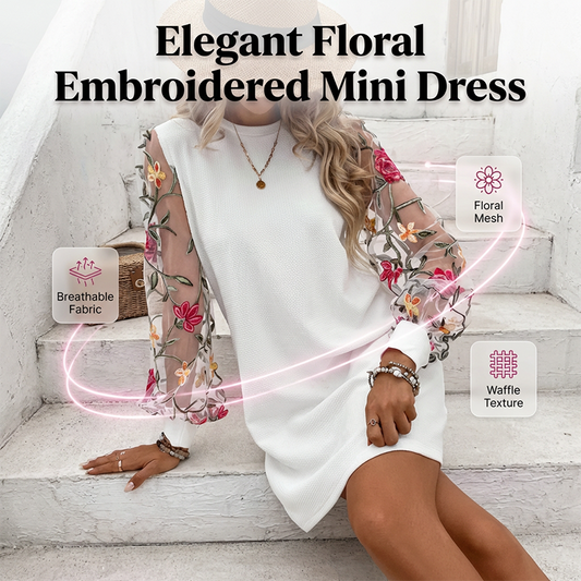 👗 NU 50% KORTING! 🌸 Damesjurk met geborduurde bloemenprint en mesh mouwen – doorschijnende botanische mouwen, relaxte pasvorm en ademend 🌿