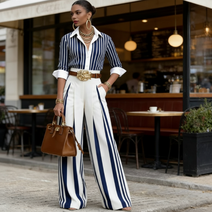 🎁Nieuw: 50% korting 💥 2-delige set voor dames: gestreept blouse + wijde broek