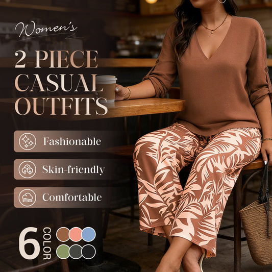 🥳 2026 MEGA-UITVERKOOP: 50% KORTING! 🥳 💞Dames set: blouse met V-hals en bedrukte broek met wijde pijpen