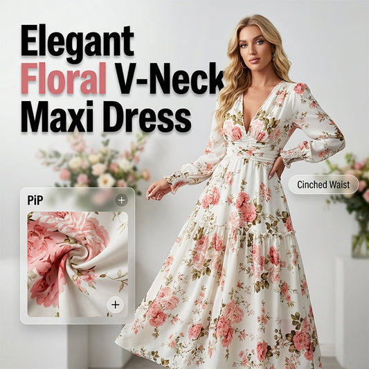 👗 Vintage maxi-jurk met rozenprint en V-hals 🌺
