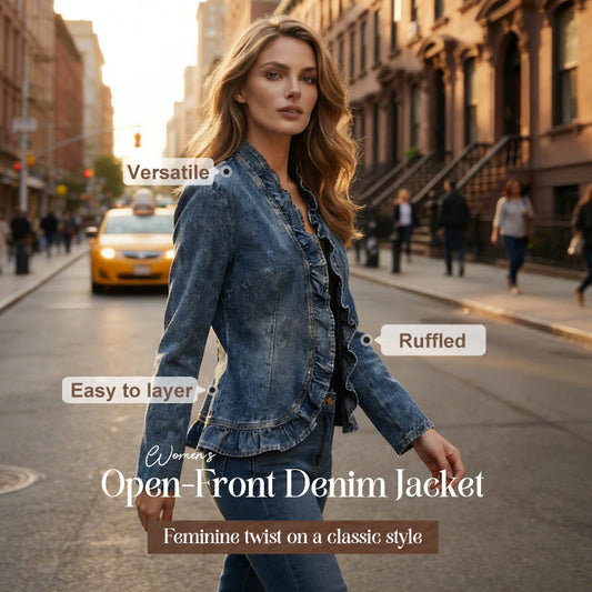 🧥 50% KORTING !! 🌸 Damesjeansjack met ruches en open voorkant – Lichtgewicht en vrouwelijk – Veelzijdig en chic 👗