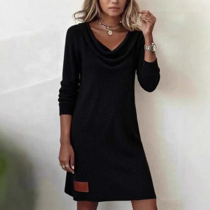 👗 Vestido de punto con cuello drapeado y manga larga para mujer – elegancia, calidez y estilo sofisticado | El diseño que realza tu figura con un toque moderno