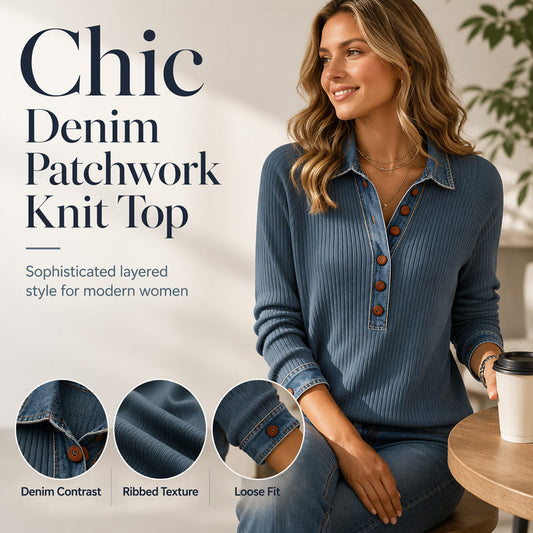 🔥 ¡50% DE DESCUENTO! Blusa de punto patchwork con cuello vaquero y mangas largas para mujer – botones frontales | Corte cómodo sin apretar y varios colores disponibles | ¡Envío gratis a todo Chile!