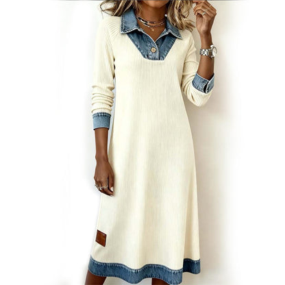 👗 Vestido midi de punto patchwork con acabado vaquero para mujer – la combinación perfecta de mezclilla y punto | Cómodo, versátil y perfecto para el día a día