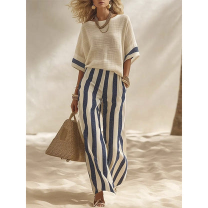 ⏰🔥 ¡OFERTA 50% OFF! 👚👖 Conjunto de 2 Piezas de Pantalón Ancho a Rayas para Mujer – Fresco, Cómodo y Elegante