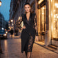 Vestido ajustado elegante para mujer con cuello en V y mangas de encaje