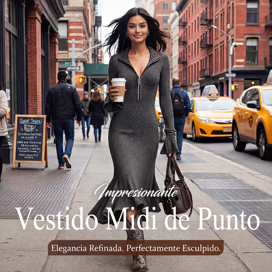 Vestido midi retro de cuello con cremallera y mangas de trompeta